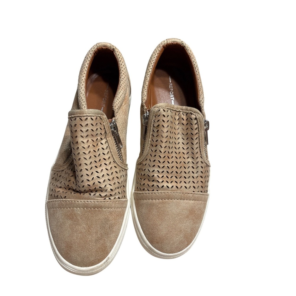Report Alexa Tan‎ Perforated Zipper Slip On Sneakers Womens 8.5 Beige Low Top